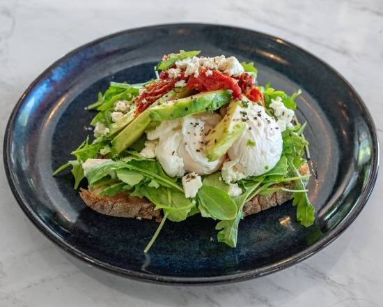 Avocado, Goats Cheese and Poached Eggs on Ciabatta