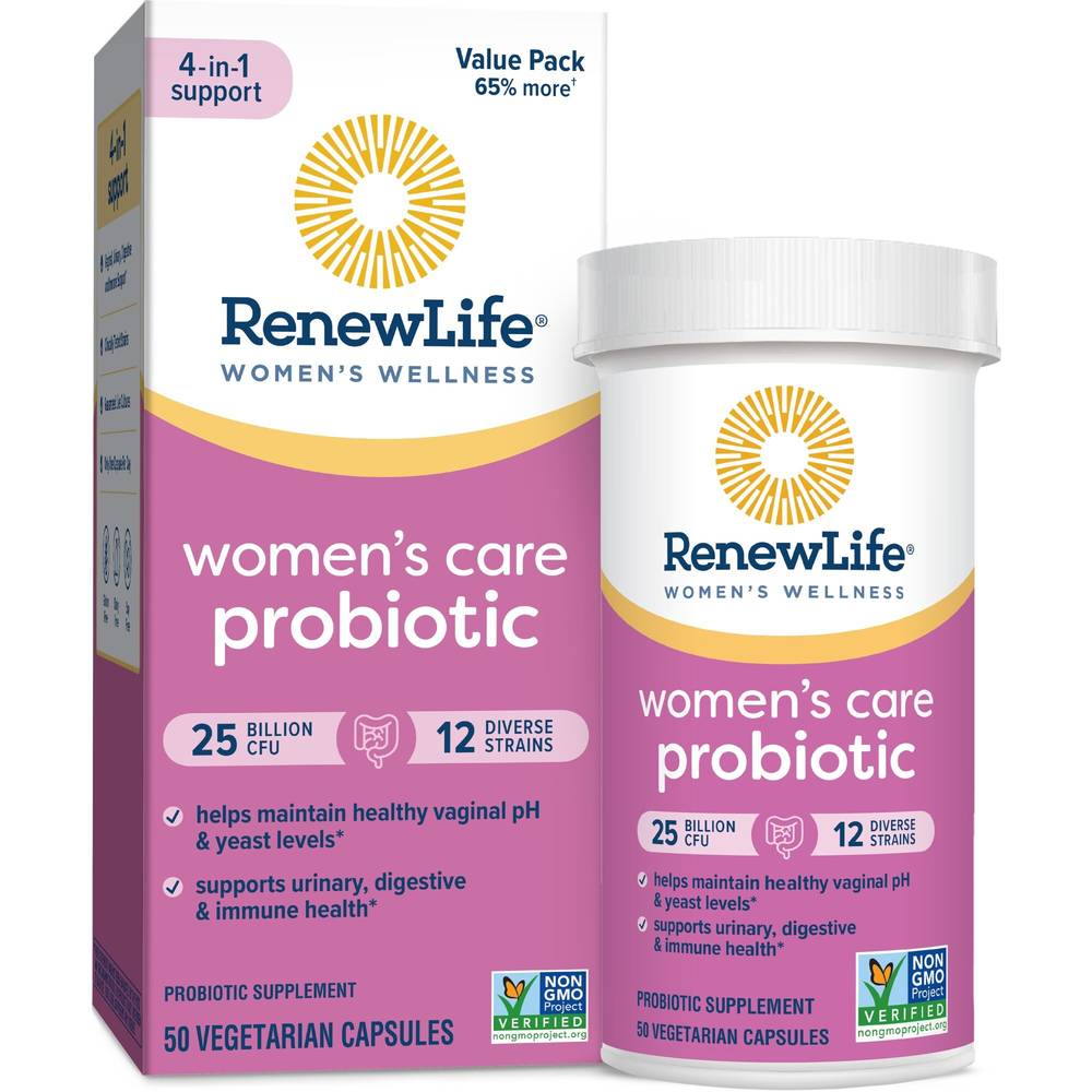 Renew Life Women�’s Wellness #1 Selling Women's Probiotic,** Women’s Care Probiotic, 4-in-1 Support, 25 Billion CFU/Capsule Guaranteed, 12 Strains, Shelf-Stable, 50 Capsules, Value Pack 65% More*