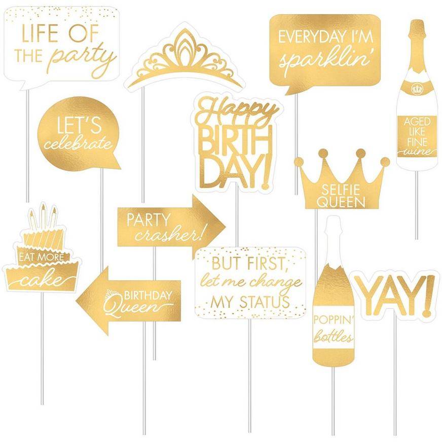Metallic Golden Age Birthday Photo Booth Kit, 38.9in x 77in, Includes Backdrop 13 Photo Props