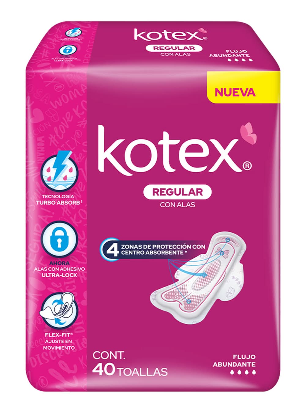 Kotex · Toallas sanitarias desechables con alas para flujo abundante (40 un)
