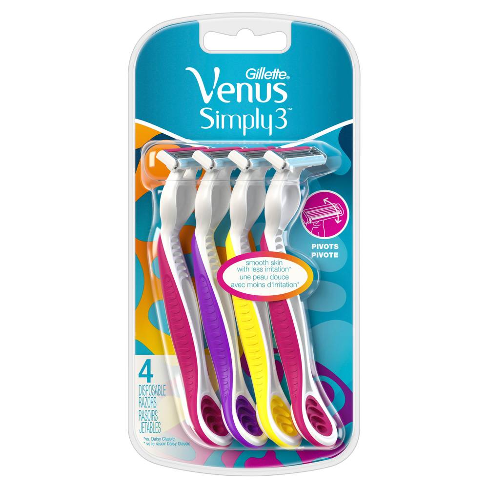 Gillette Venus Simply 3 3-Blade Disposable Razors, 4 Ct