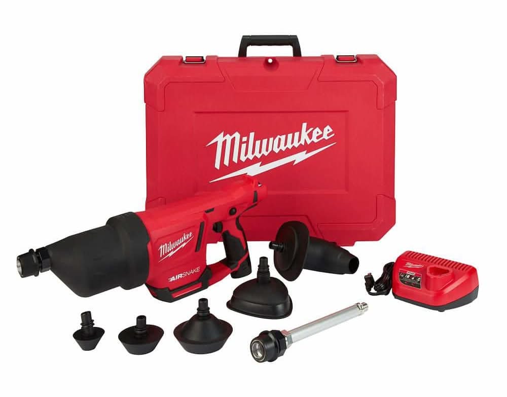 Milwaukee M12 12-Volt Lithium-Ion Cordless Drain Cleaning Airsnake Air Gun Kit With (1) 2.0Ah Battery, Toilet Attachments