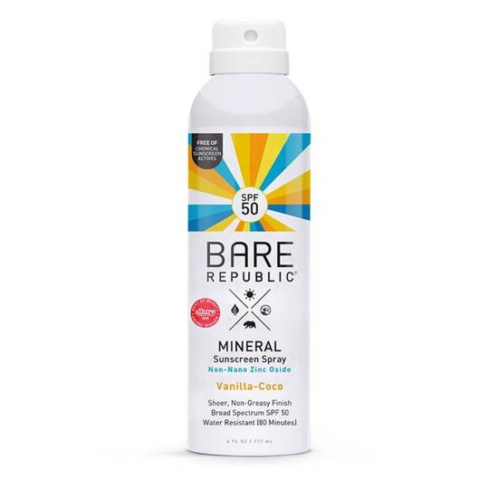 Bare Republic Mineral Sunscreen Spray Vanilla-Coco with SPF 50 (6 oz)
