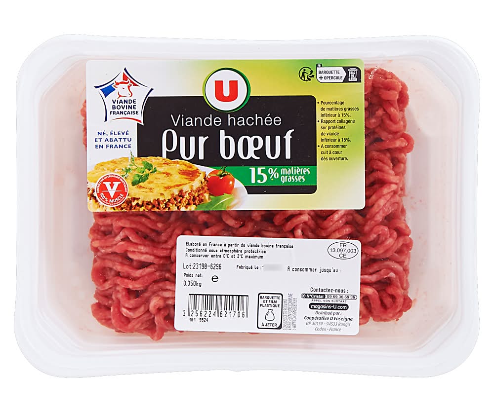 Les Produits U - Viande hachée pur bœuf 15% matières grasses (350g)