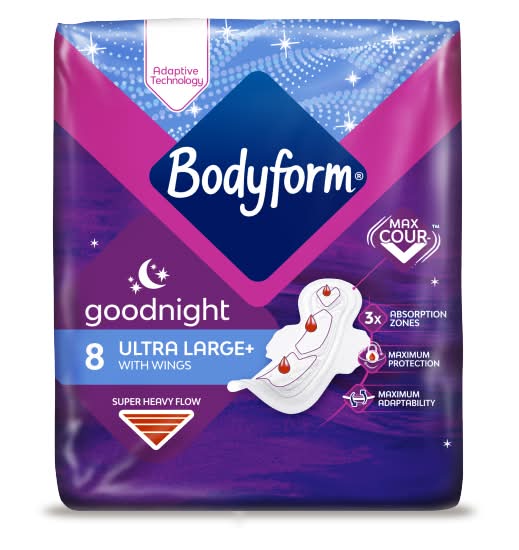 Bodyform Large+, Cour-V Ultra Night Sanitary Towels Wings (8 pack)