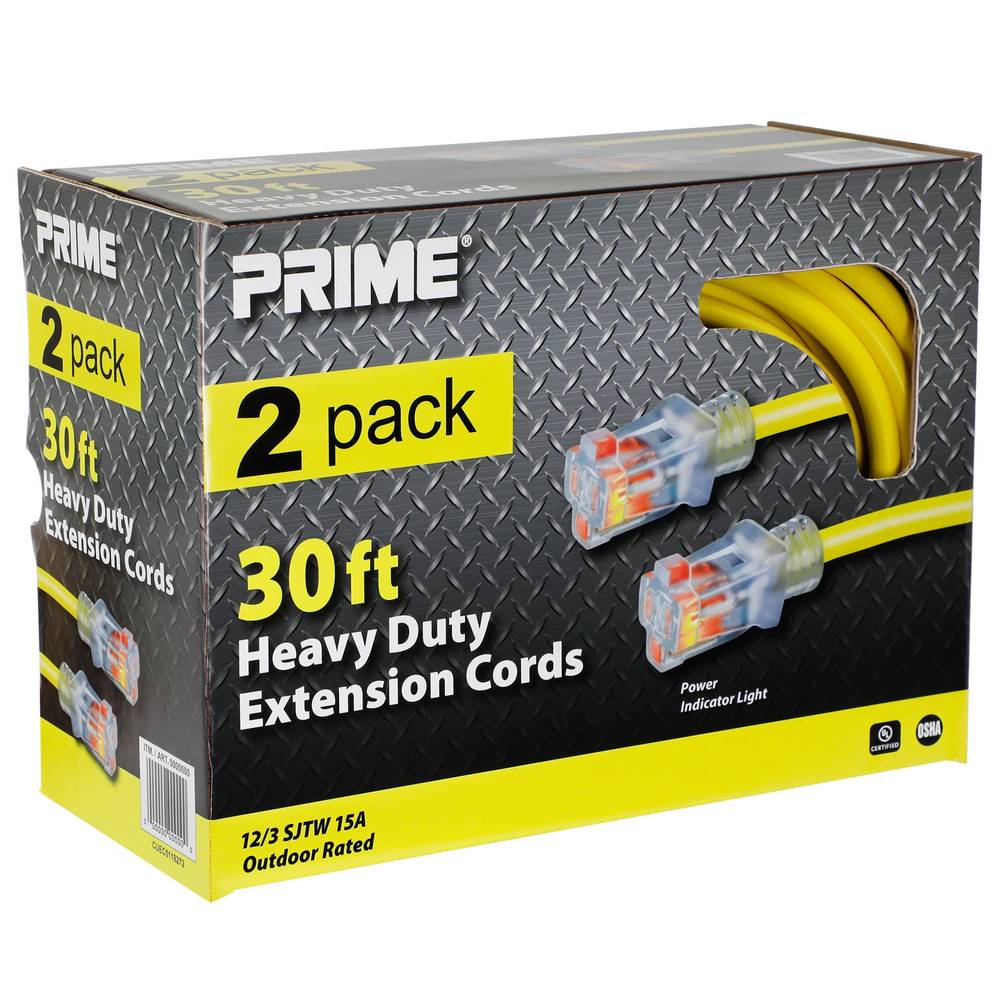 Prime 30 ft Heavy Duty Extension Cords with Light Indicator, 2-pack