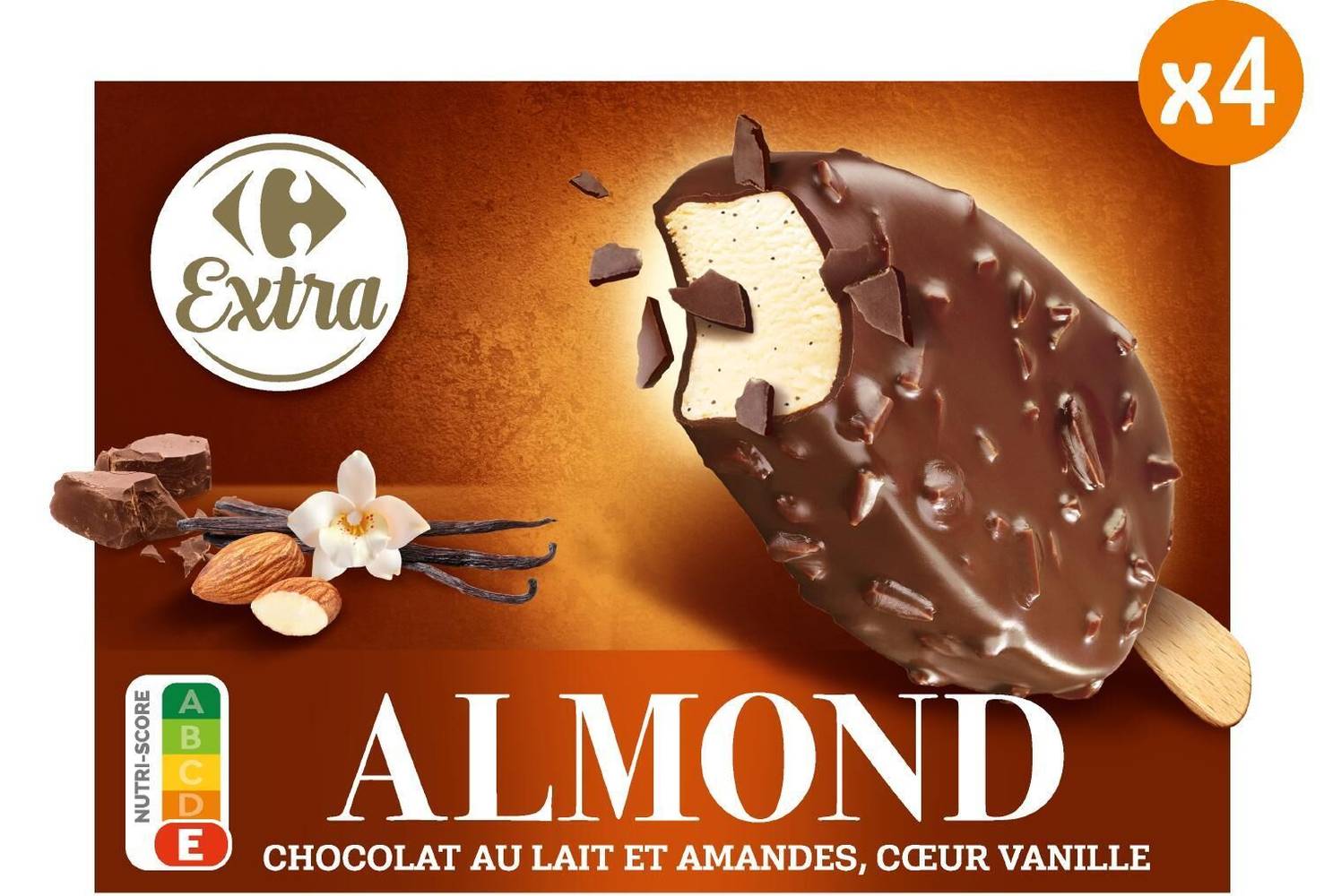 Glaces chocolat au lait amandes CARREFOUR EXTRA - la boite de 4 - 314g