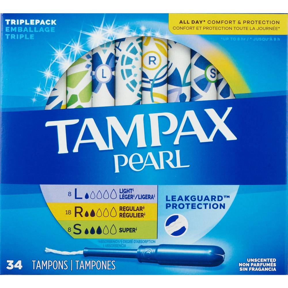 Tampax Pearl Tampons, Light/Regular/Super Absorbency With Leakguard Braid, Triple Pack, Unscented, 34 Count