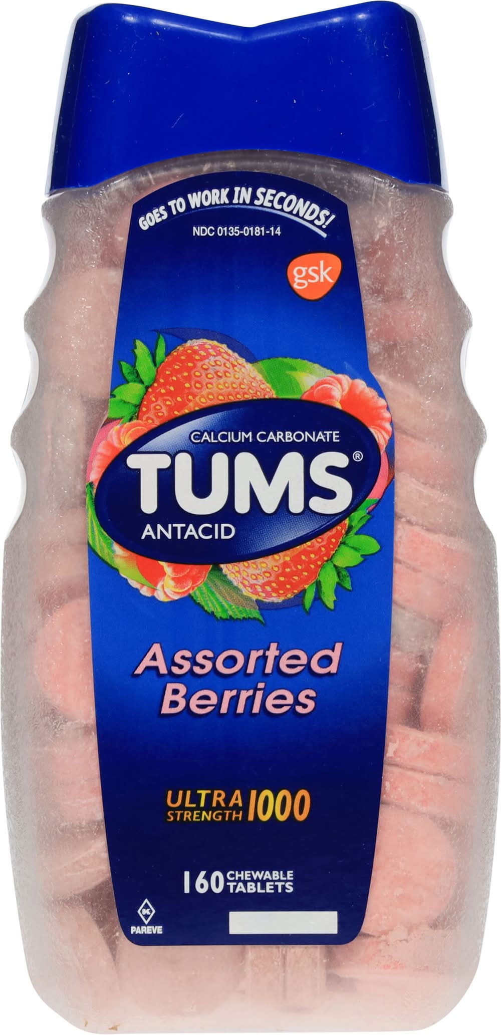 Tums Ultra Strength Antacid Chewable Tablets 1000 mg, Assorted Berries (160 ct)