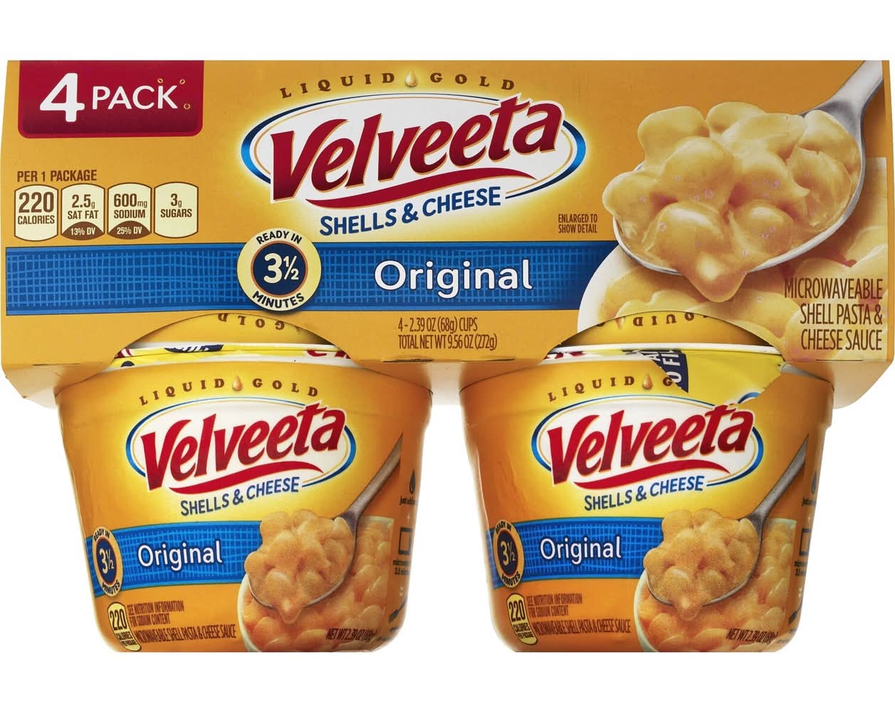 Velveeta Original Microwaveable Shell Pasta & Cheese Sauce (4 x 2.39 oz)