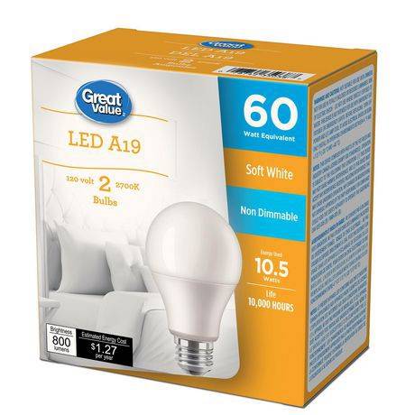 Great Value 60w A19 Soft White Led Bulbs 2-pack (non-dimmable, 800 lumens)