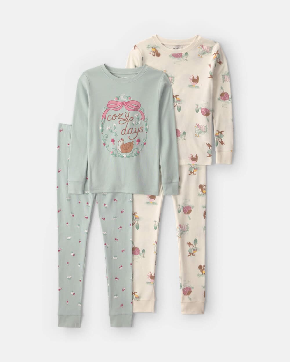 Girls 4-Piece Country Chicken 100% Cotton Snug Fit Pajama Set - Blue/Cream - 10
