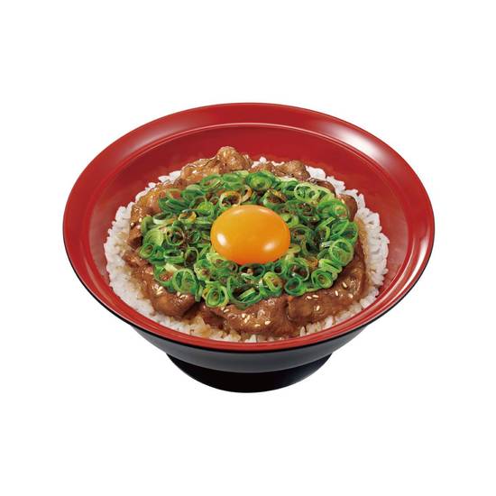 ねぎ玉牛カルビ焼肉丼Simmered & Grilled Beef Rib Rice Bowl w/ Green Onion, Raw Egg & Spicy Kochujang Sauce