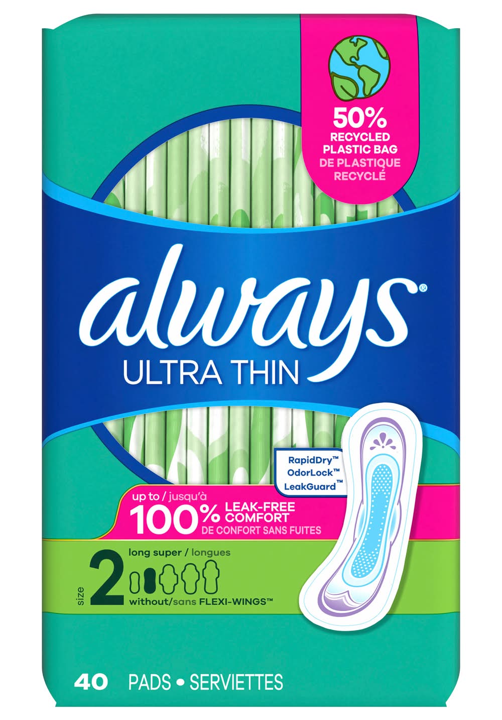 Always Ultra Thin Long Super Sanitary Pads, 2 (40 ct)