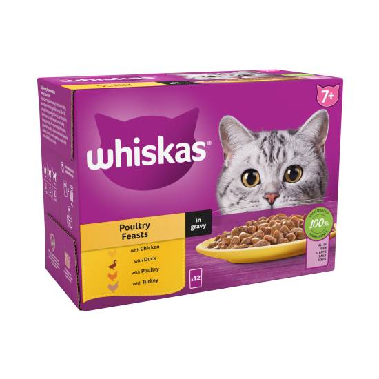 Whiskas 7+ Poultry Feasts Senior Wet Cat Food Pouches in Gravy 12 X 85g