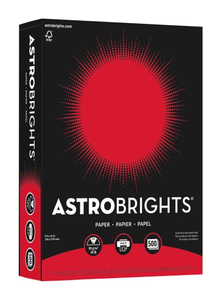 Astrobrights® Color Multi-Use Printer & Copy Paper, 1 Ream, Re-Entry Red, Letter (8.5" x 11"), 500 Sheets Per Ream, 24 Lb, 94 Brightness