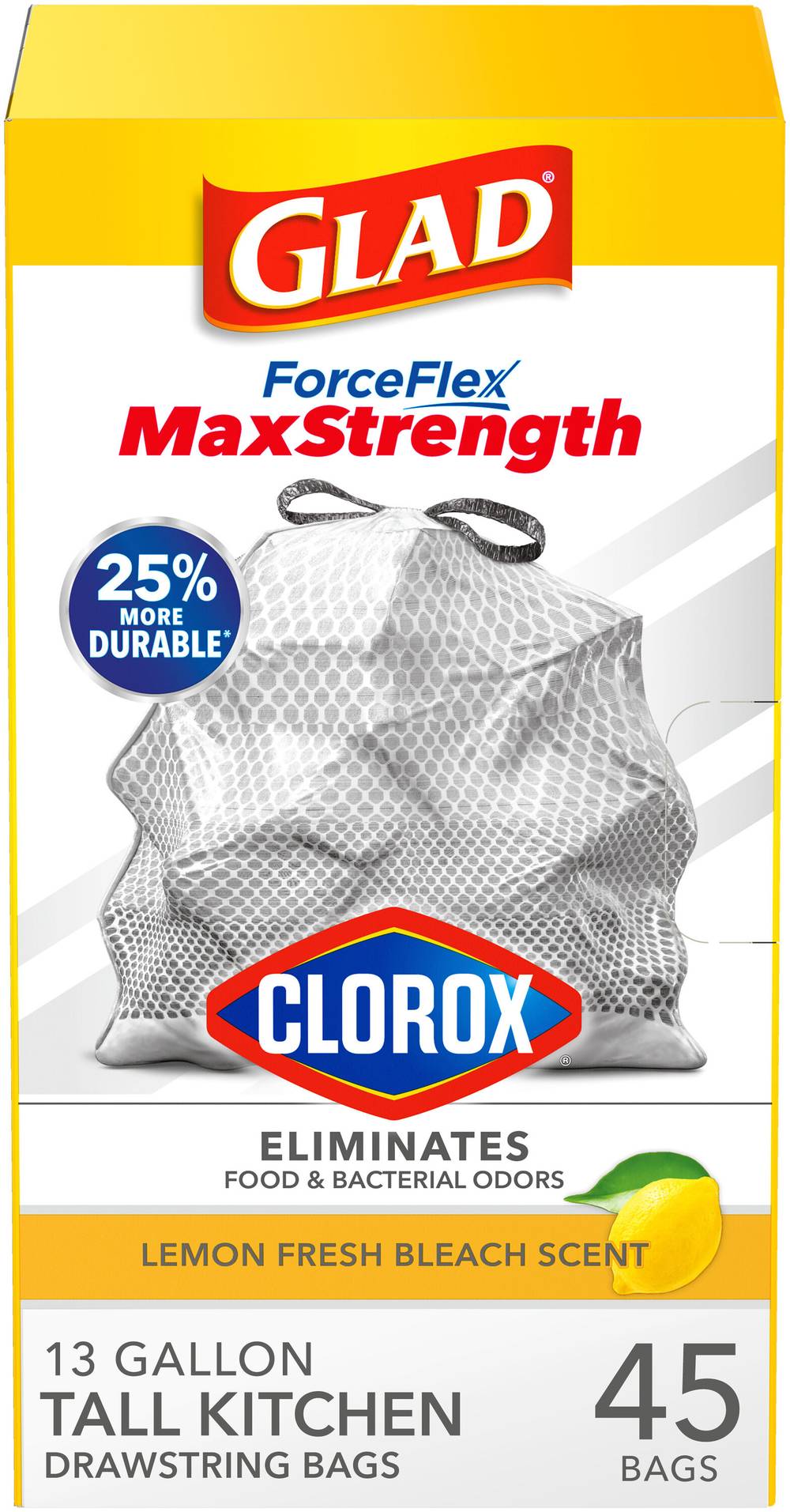 Glad ForceFlex MaxStrength 13-Gallons Lemon Fresh Bleach Gray Plastic Kitchen Drawstring Trash Bag (45-Count) | 1258779301