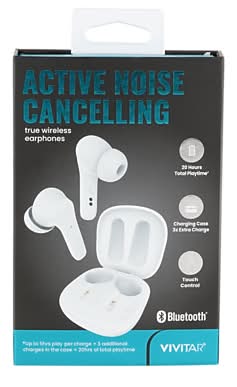 Vivitar Wireless Active Noise Canceling Earbuds, Bluetooth, White (STP2100-WHT-T35-12)