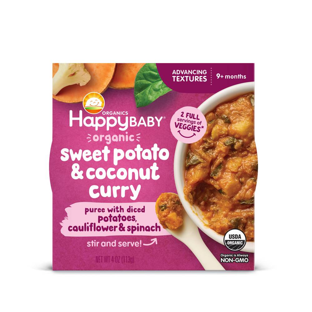 Happy Baby Texture Sweet Potato & Coconut Curry Puree With Diced Potatoes Cauliflower & Spinach