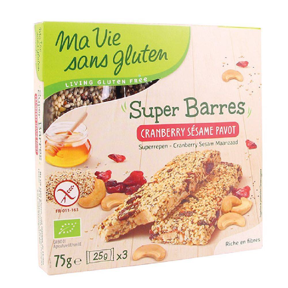 Ma Vie Sans Gluten - Super barre cranberry sésame pavot (3 pièces)