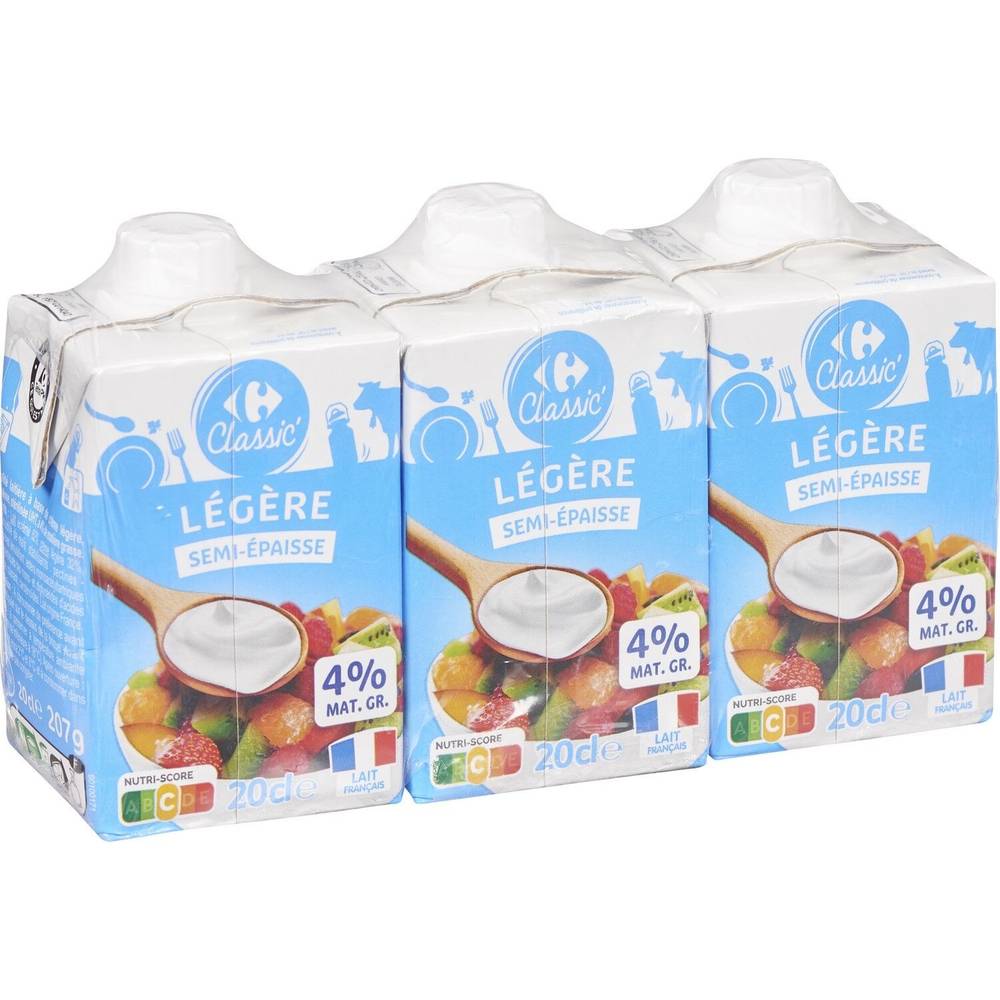 Crème Légère Semi-Épaisse CARREFOUR CLASSIC' - les 3 briques de 20cL