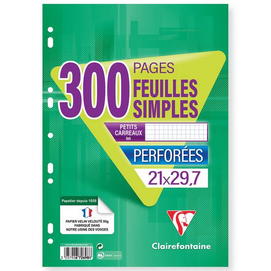 Clairefontaine - Feuilles simples blanches petits carreaux perforées 300 pages 21x29,7