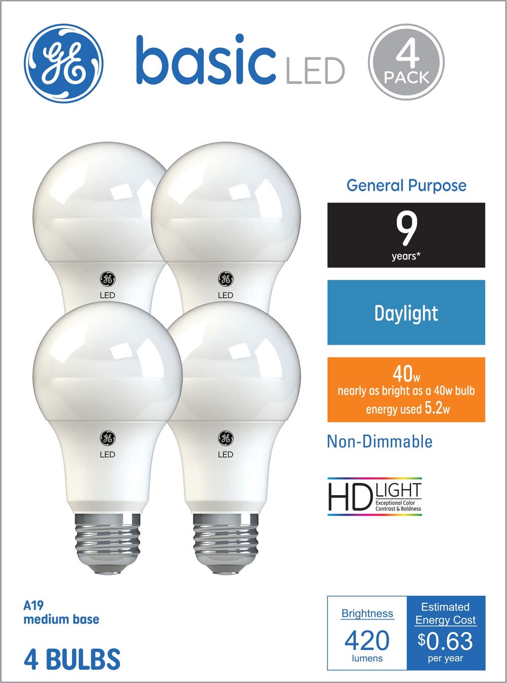 GE 40 -Watt EQ A19 Daylight Medium screw base LED General purpose Light Bulb 4 -Pack
