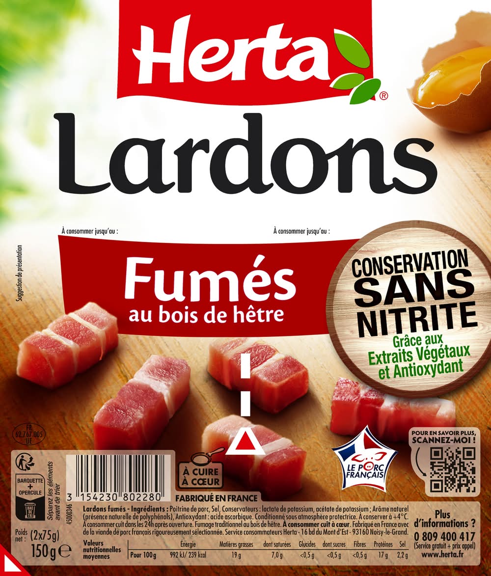 Herta - Lardons fumés sans nitrite (2 x 75g)