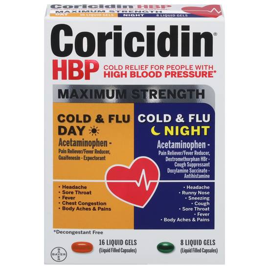 Coricidin Hbp Maximum Strength Cold & Flu, Day/Night (24 ct)