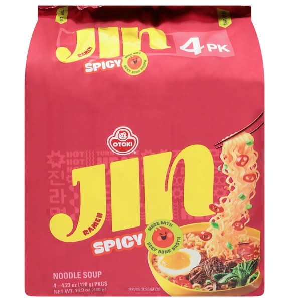 Ottogi Korean Style Jin Ramen Noodle Soup, Spicy (4 x 4.23 oz)