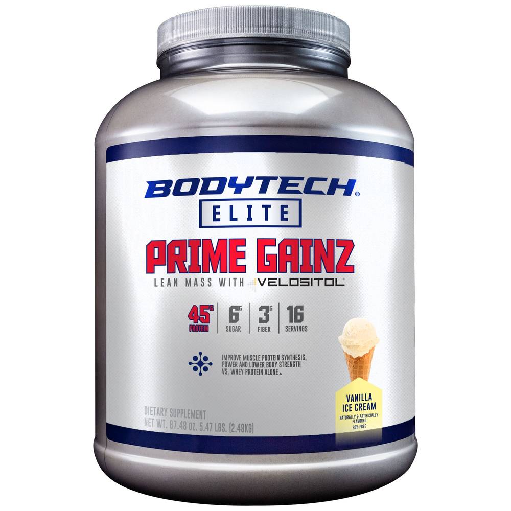 BodyTech Elite Prime Gainz Lean Mass Protein Powder With Velositol, Vanilla Ice Cream (87.48 oz)