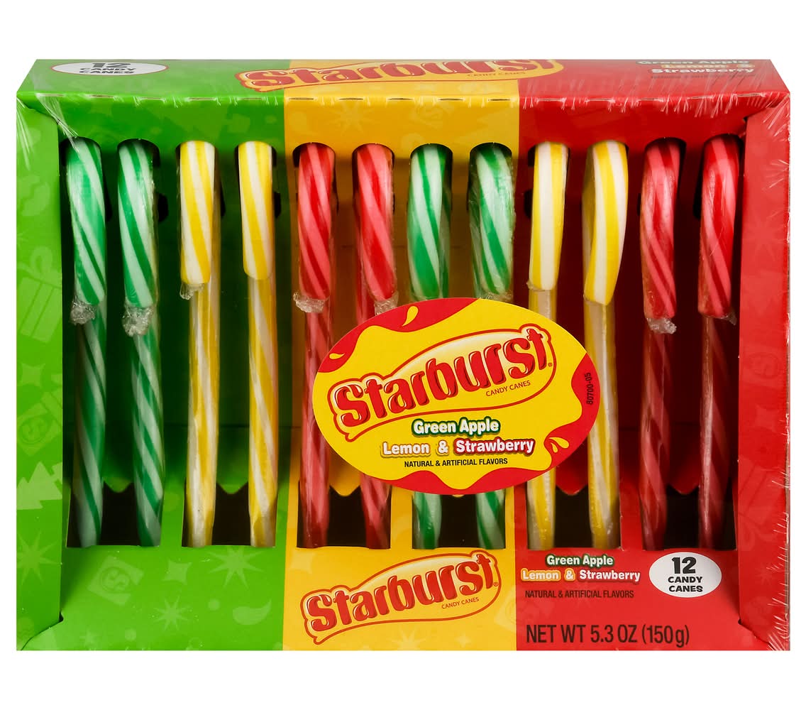 Starburst Candy Canes, Green Apple-Lemon-Strawberry (5.3 oz, 12 ct)