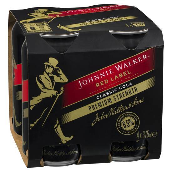 Johnnie Walker Red & Cola Premium Strength Can 375ml (4 Pack)