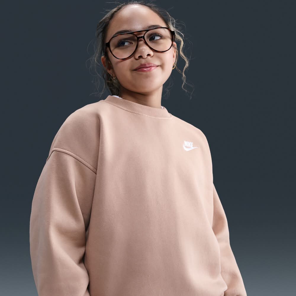 Nike Girls' Sportswear Club Fleece Oversized Sweatshirt (Hemp/White, XL)