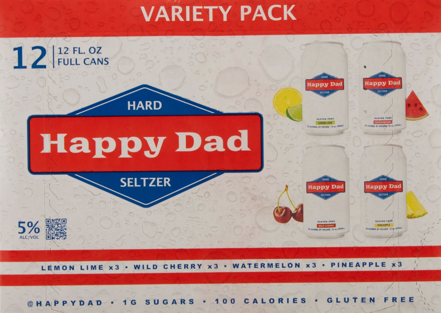 Happy Dad Hard Seltzer Variety pack, Wild Cherry-Lemon Lime-Pineapple-Watermelon (12 x 12 fl oz)