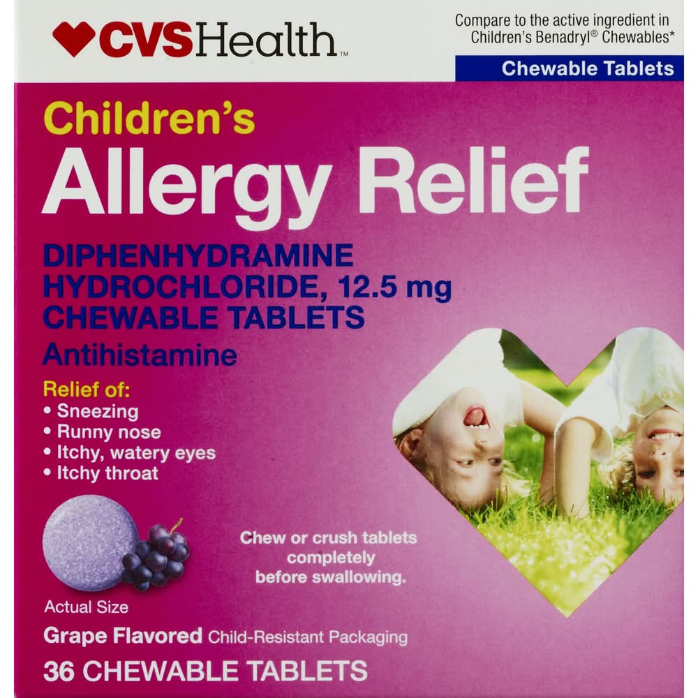 CVS Health Children's Allergy Relief Diphenhydramine Hcl Chewable Antihistamine Tablets, Grape (36 ct)