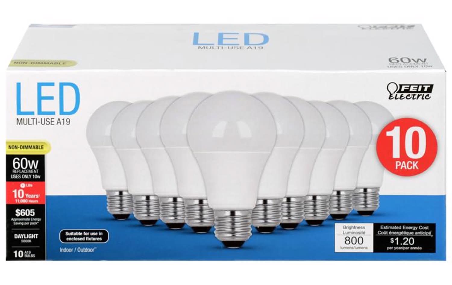 Feit A19 E26 (Medium) Led Bulb Daylight 60 Watt Equivalence 10 Pk