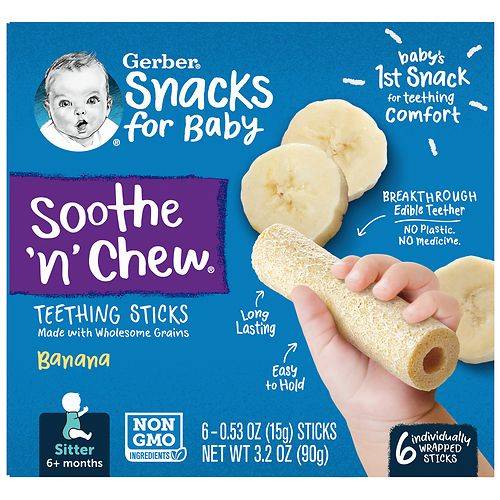 Gerber Baby Food, Sitter, Soothe 'n' Chew Teething Sticks Banana - 0.53 oz x 6 pack