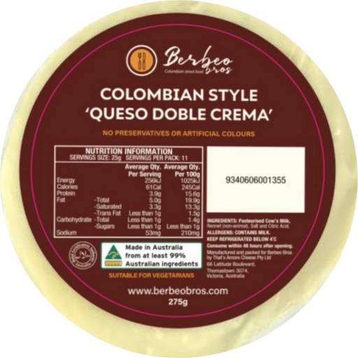 Barbeo Bros Colombian Style Queso Doble Crema Cheese (275g)
