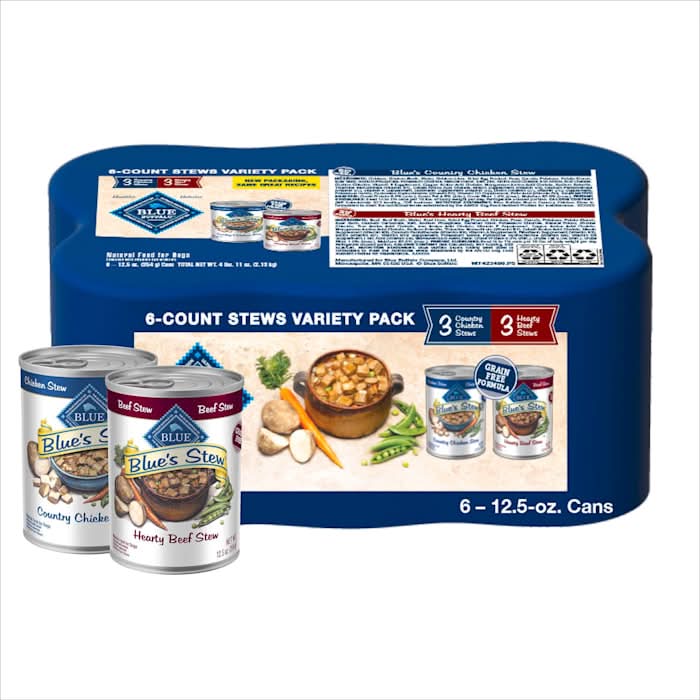 Blue Buffalo Blue's Stew Natural, Hearty Beef and Country Chicken Wet Dog Food Variety Pack, 12.5 oz., Count of 6