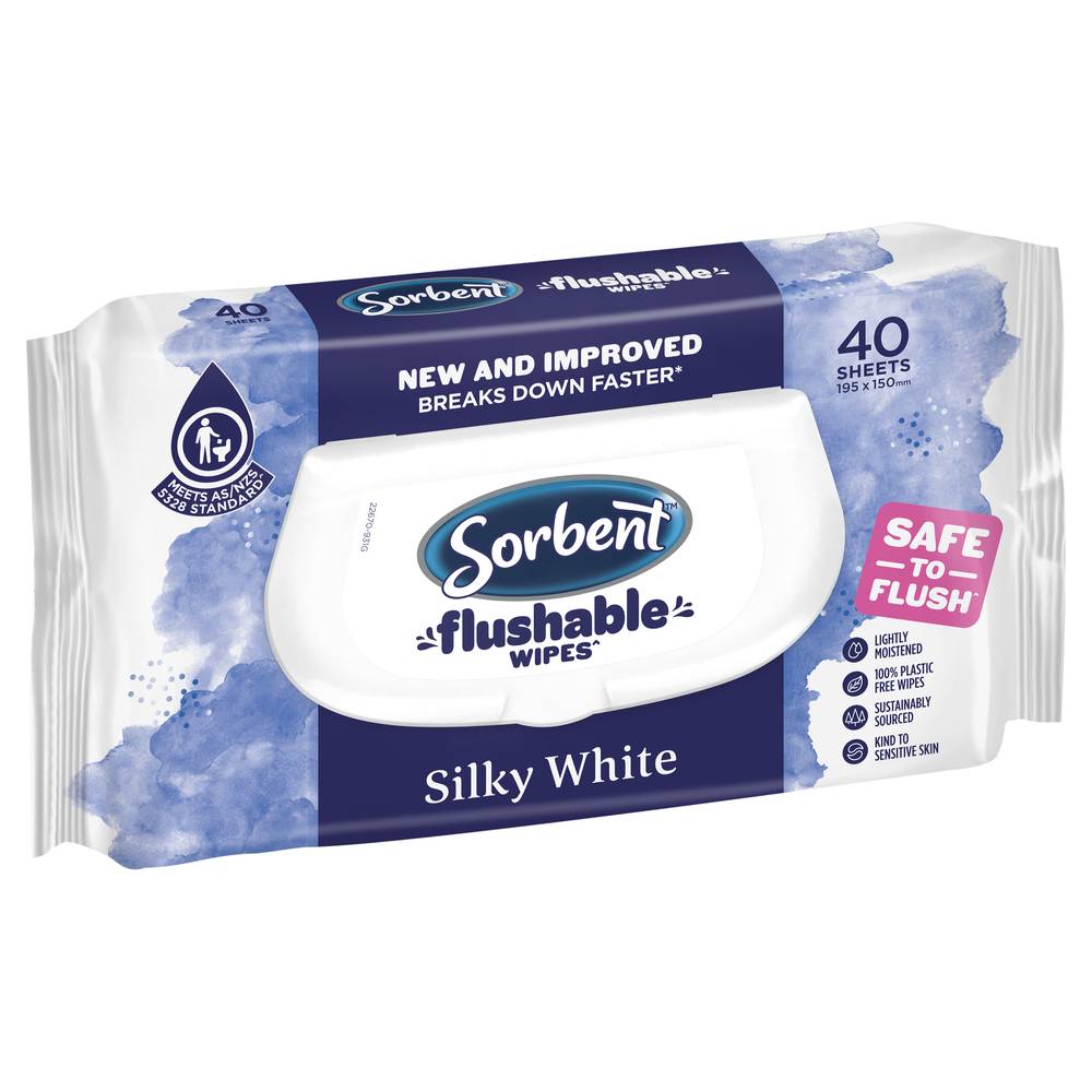 Sorbent Silky White Flushable Wipes Soft Sheet (40 pack)