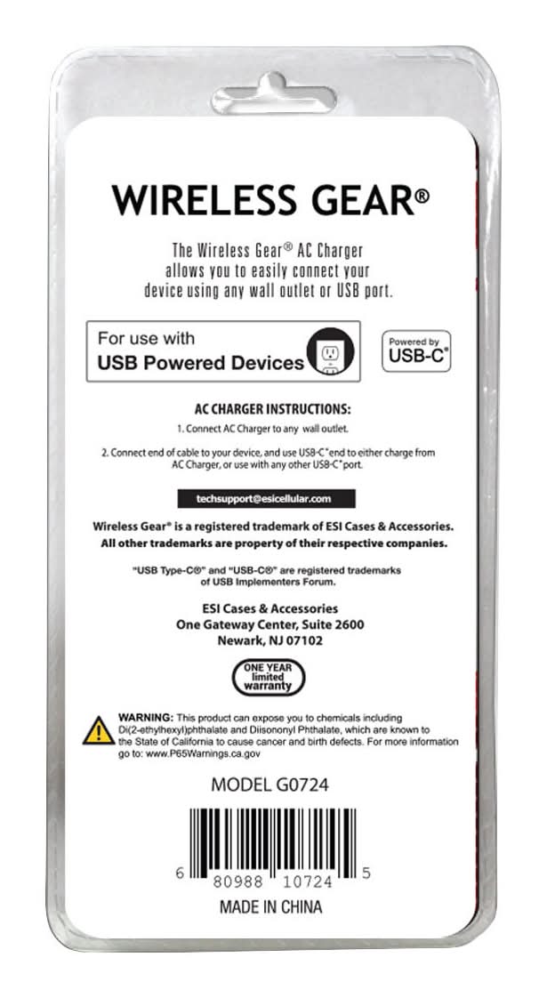 Wireless Gear Usb-C Ac Charger With Usb-C To Usb-C Cable, 4 ft