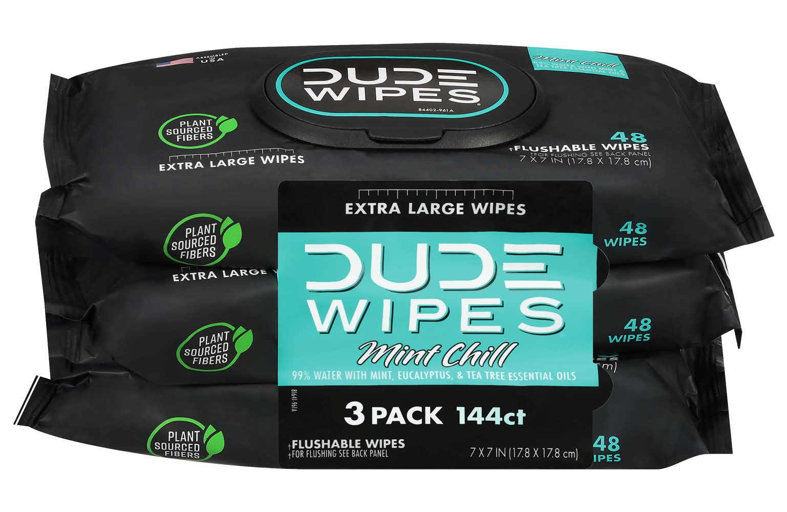 DUDE Wipes Flushable Wipes, Mint Chill, XL (3 x 48 ct)