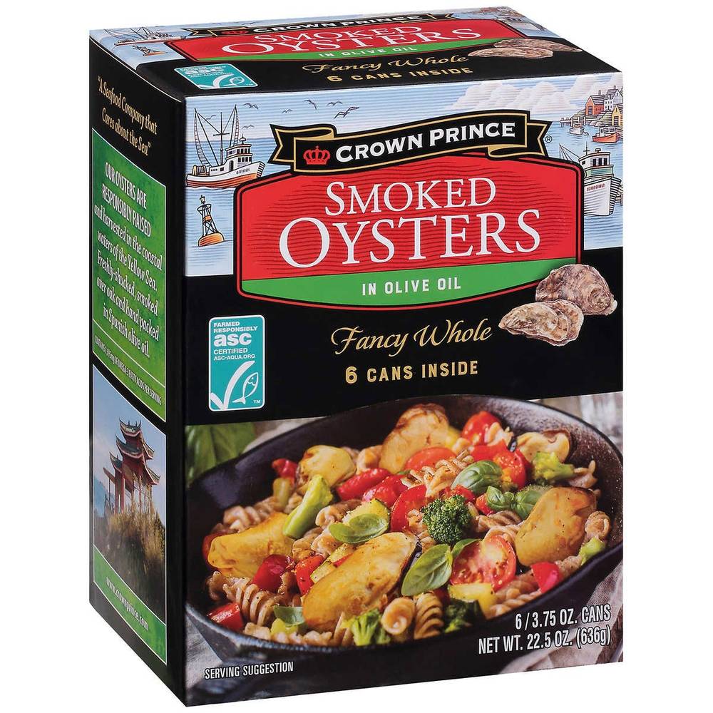 Crown Prince Smoked Oysters in Olive Oil, Fancy Whole, 3.75 oz, 6-count