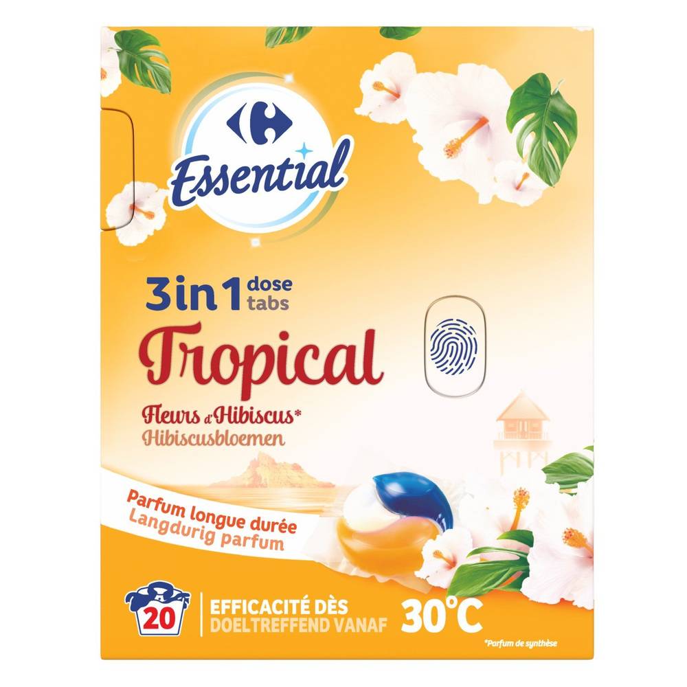 Carrefour Essential - Lessive doses 3 en 1 20 lavages, fleurs d'hibiscus (260g)