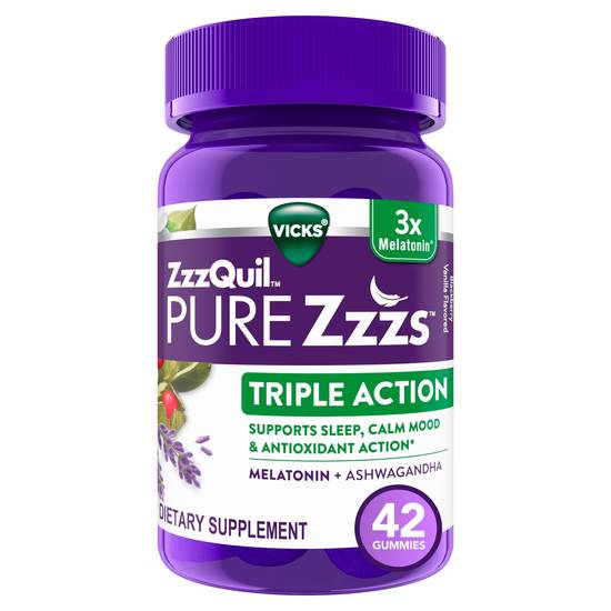 ZzzQuil PURE Zzzs Triple Action Gummy Melatonin Sleep-Aid with Ashwagandha, 6mg per Serving, 42 CT