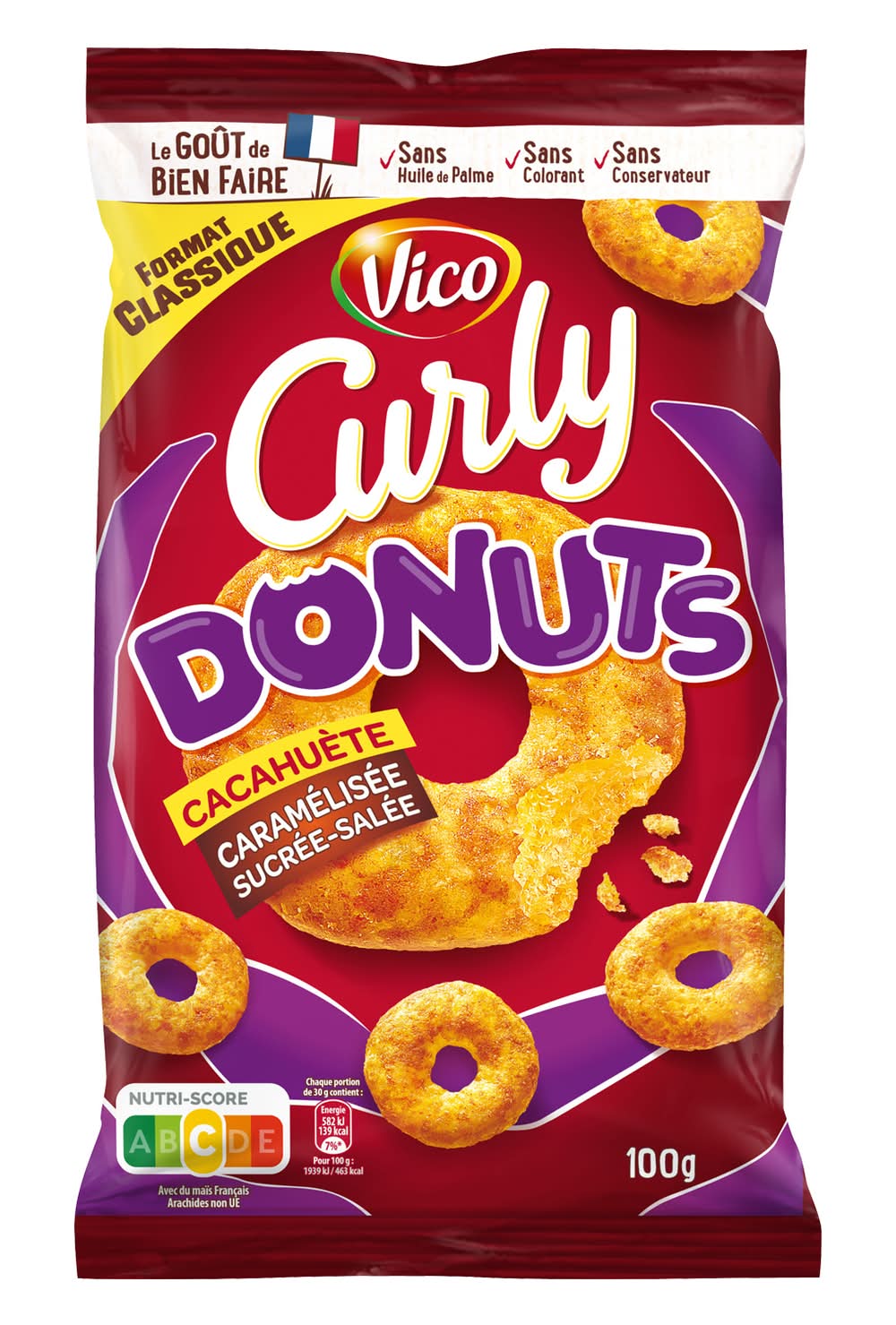 Curly's - Collations de maïs soufflé en forme de beignets, cacahuète caramélisée (100g)