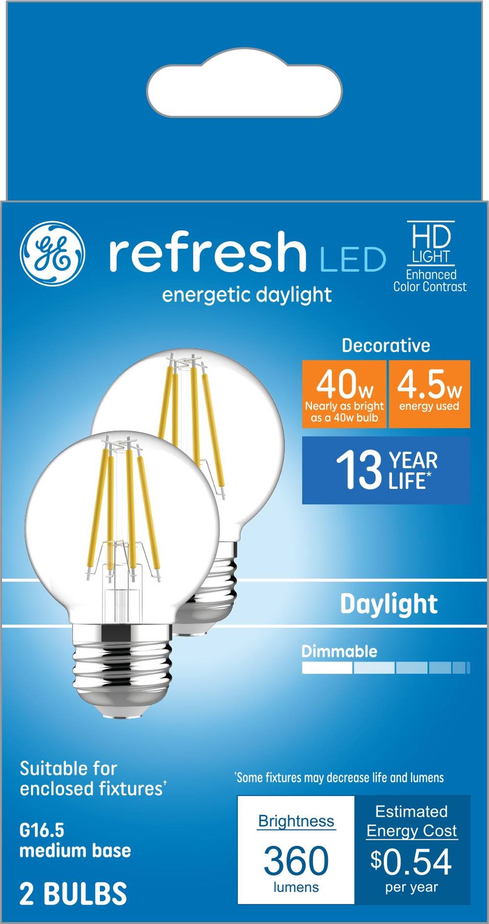 GE 40-Watt EQ G16.5 Daylight Medium Base (e-26) Dimmable LED Decorative Light Bulb (2-Pack) | 93130853