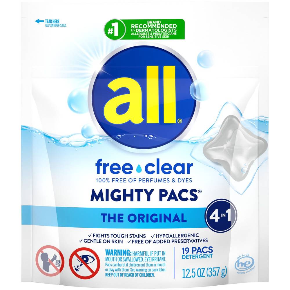 All Mighty Pacs Laundry Detergent, Free Clear For Sensitive Skin, 19 Ct