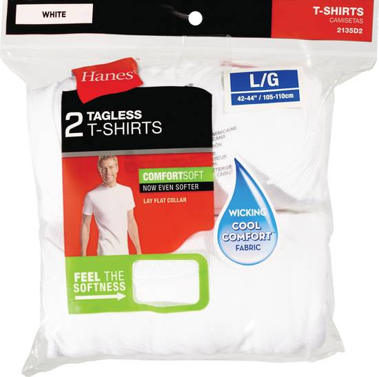 Hanes Crew Neck Tagless T-Shirts, White, Large, 2 CT